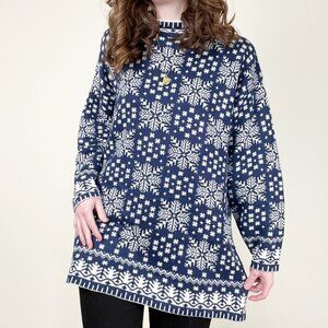 Vintage Snowflake Knit Sweater Oversized Tunic Fair Isle Scandinavian Christmas